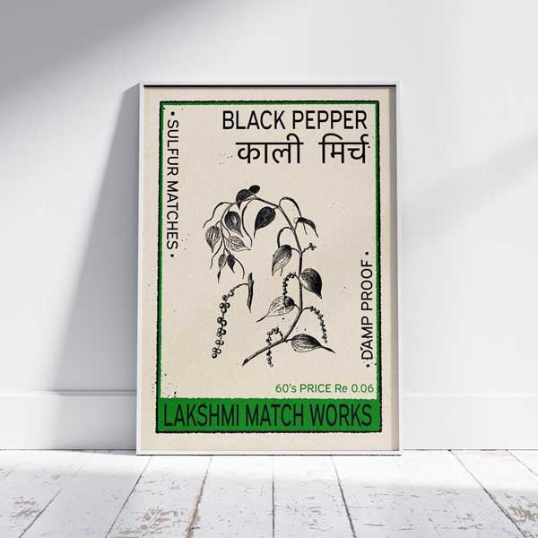 Black and white Black Pepper botanical poster, styled after vintage Indian matchbox labels with Hindi script and a bold retro color border. A heritage kitchen art print for spice lovers