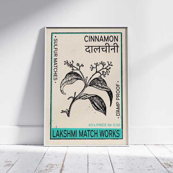 Vintage-style Cinnamon poster featuring a detailed botanical illustration, Hindi script, and a retro Indian matchbox label design. Perfect for heritage kitchen decor, botanical prints, and Indian-themed artwork