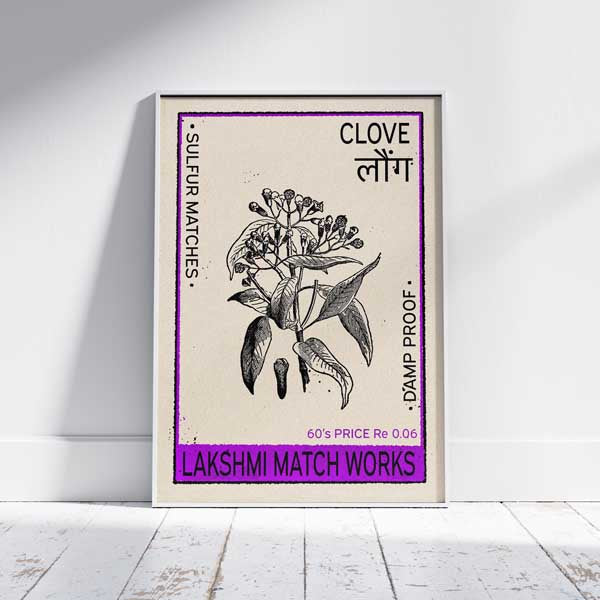 Retro Clove spice poster with a detailed gravure-style botanical drawing, Hindi text, and vintage typography. A collectible Indian decor print inspired by classic spice packaging.