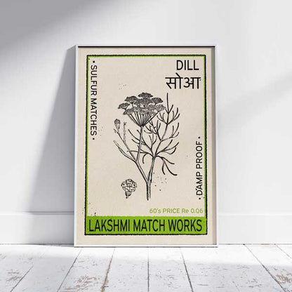 Elegant Dill spice print, part of the Indian Spice Posters collection, showcasing a botanical drawing, Hindi text, and an authentic heritage-style Indian label design.