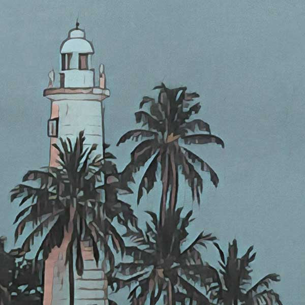Details of the lighthouse and coconut trees in the Galle Fort poster of Sri Lanka