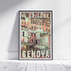 Framed Il Grifone Genoa Travel Poster on a grey floor, showcasing stacked Genoese buildings with vintage color tones