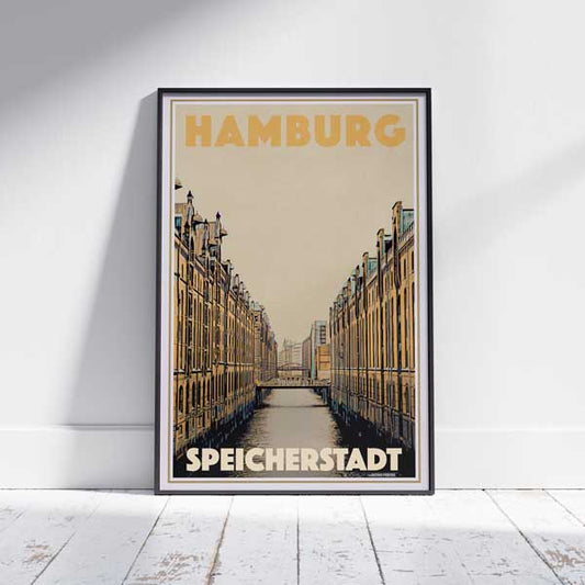 Affiche de voyage Speicherstadt Hambourg par Alecse, édition limitée représentant le quartier historique des entrepôts allemands.