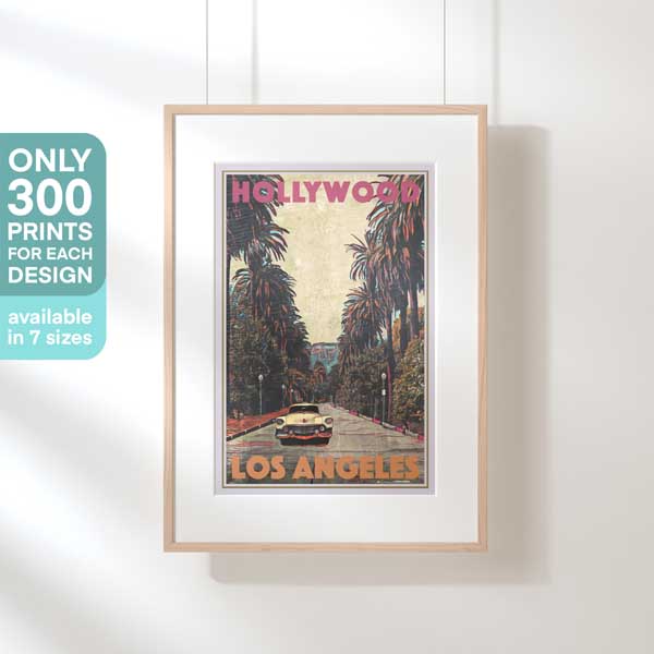 "Hollywood Cadillac" Los Angeles poster by Alecse displayed in a hanging frame, emphasizing the exclusive 300-piece limited edition series