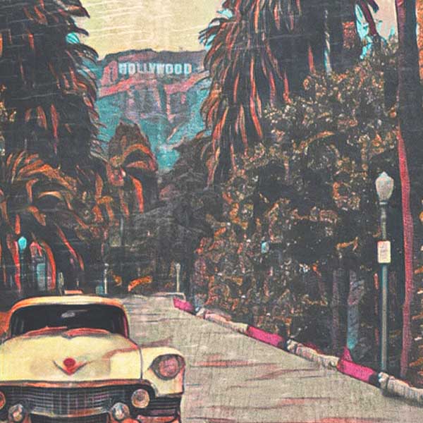 Detailed view of "Hollywood Cadillac" Los Angeles poster, featuring Alecse's soft focus rendition of a classic American street scene