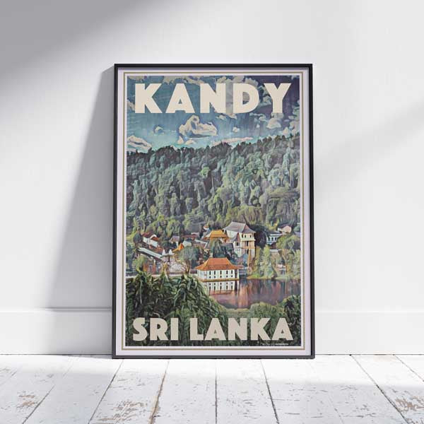 Framed Kandy poster showing the Temple of the Sacred Tooth Relic, limited edition travel poster by Alecse