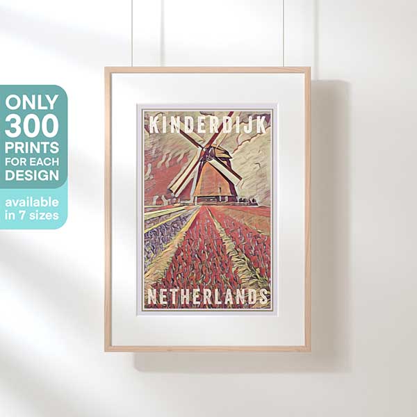 Kinderdijk Windmill Poster, a 300-limited edition artwork, displayed in a hanging frame