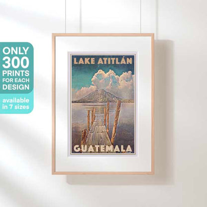 Framed Lake Atitlan Poster – A framed travel poster of Lake Atitlan, depicting the lush mountains and serene waters of the lake in Guatemala. Limited to 300 prints, available in 7 sizes.