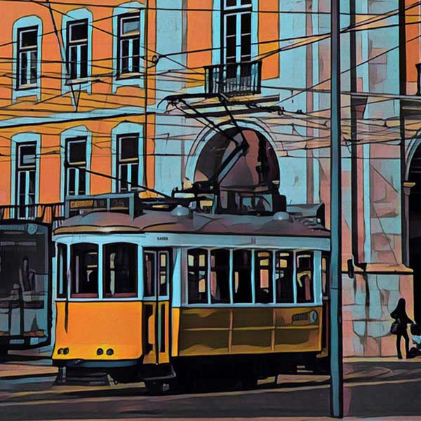 Gros plan sur l'affiche du tramway jaune de Lisbonne d'Alecse, accentuant les œuvres d'art complexes du charme urbain de Lisbonne