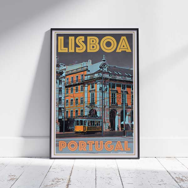 L'affiche de Lisbonne d'Alecse avec le tramway jaune, illustrant la vie animée des rues de la capitale historique du Portugal