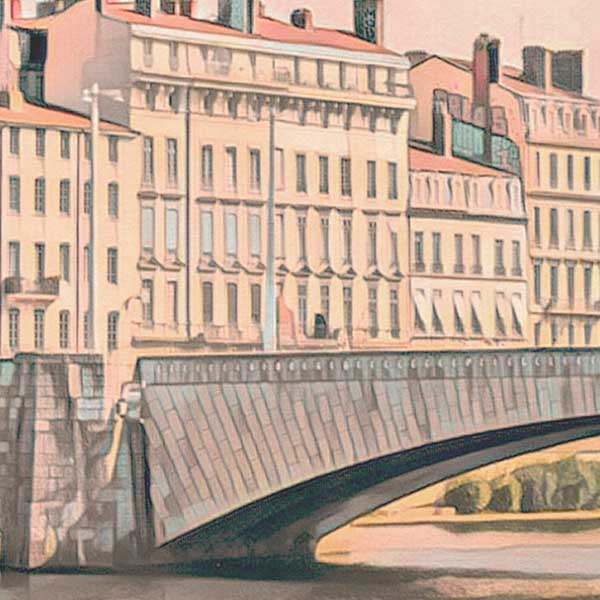 Close-up of Lyon travel poster highlighting Alecse’s soft-focus style and muted color palette