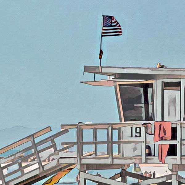 Details of the Lifeguard tower in the Malibu Beach poster of California (Los Angeles)
