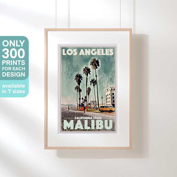 Framed Malibu Beach California poster, showcasing its status as a rare collectible with only 300 prints