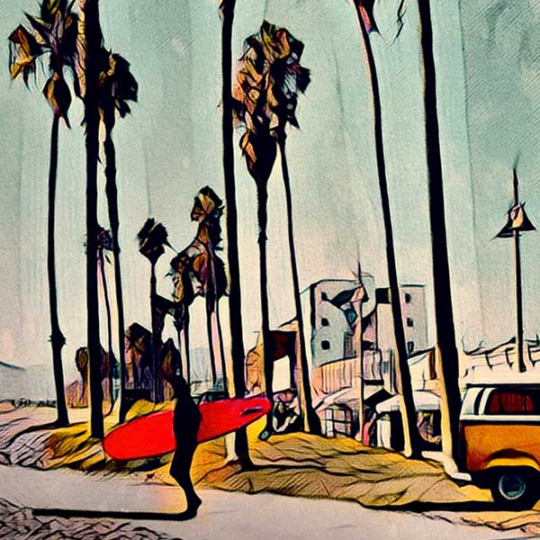 Vue détaillée de l'affiche de Malibu Beach, mettant en valeur le talent artistique et l'ambiance du surf californien par Alecse