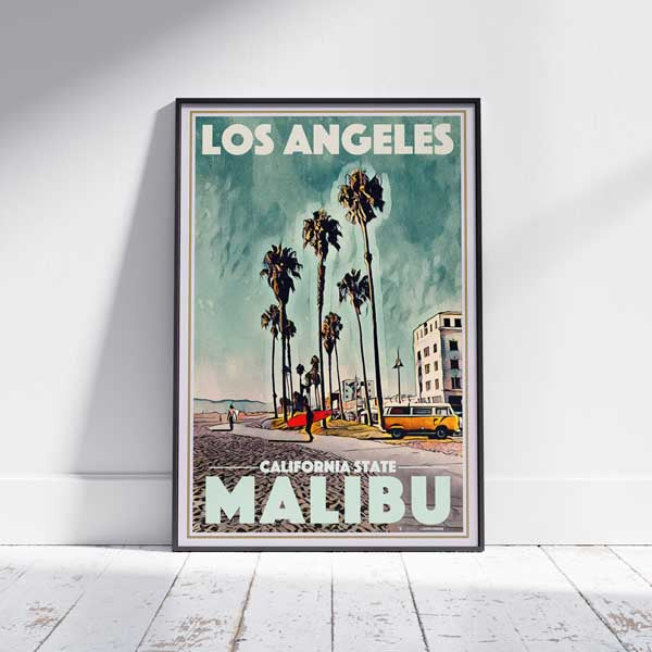 Limited edition Malibu Beach poster by Alecse, featuring California surfers and palm trees