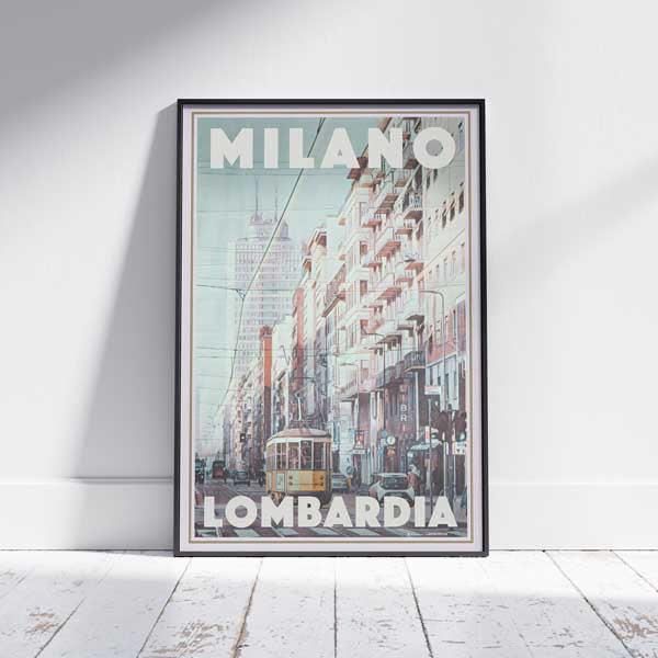 Framed Tram Milano by Alecse, Italy Travel Poster, limited edition