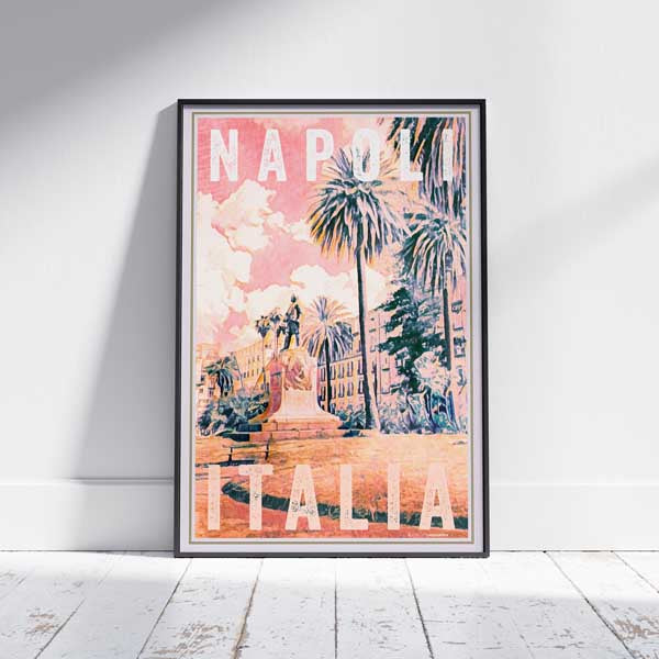 Framed Napoli Pink travel poster of Naples, Italy, featuring Alecse’s vintage design with a pink hue and classic Italian architecture