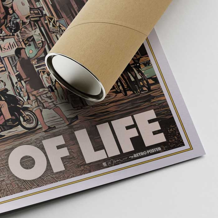 Corner of 'City of Life' Bangkok poster by Alecse, featuring artist's signature and the protective tube for shipping