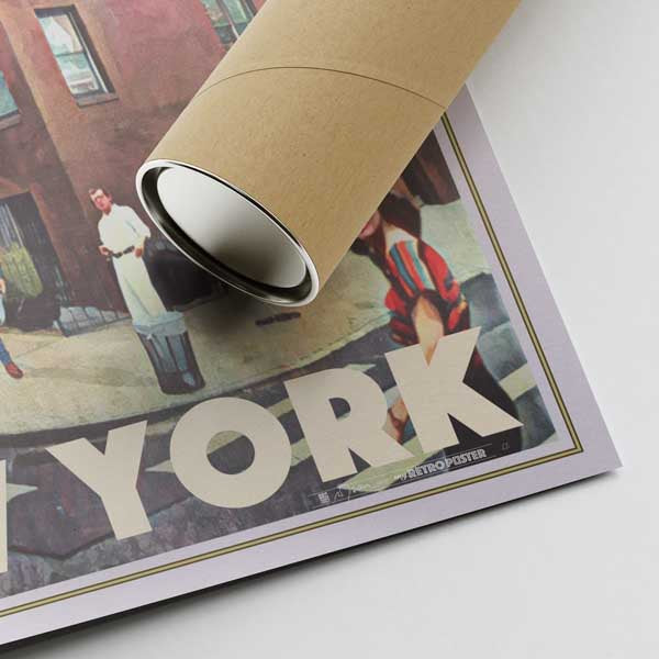 Coin de l'affiche de Brooklyn avec Woody Allen et Priscilla Presley sous le tube en carton