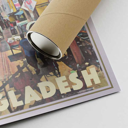 Bottom corner of the Chittagong Bangladesh poster featuring Alecse’s signature, accompanied by a cardboard shipping tube for secure delivery
