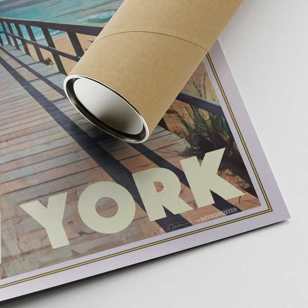 Lower right corner of East Hampton New York Travel Poster with Alecse’s signature and a cardboard shipping tube