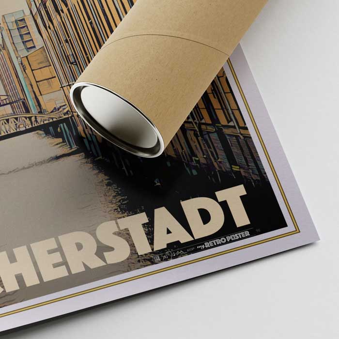 Corner of the 'Speicherstadt' Hamburg poster by Alecse, with signature and protective tube for secure shipping of the artwork