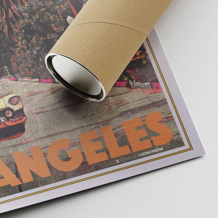 Close-up of Alecse's signature on the "Hollywood Cadillac" Los Angeles poster with an artisanal cardboard shipping tube, ready for collectors and enthusiasts.