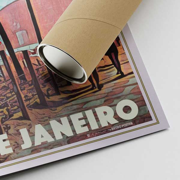 Ipanema Poster corner featuring Alecse’s signature with a protective shipping tube in eco-friendly packaging