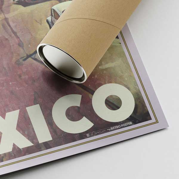 Lower right corner of Islas Mujeres Mexico Travel Poster with Alecse’s signature and a cardboard shipping tube