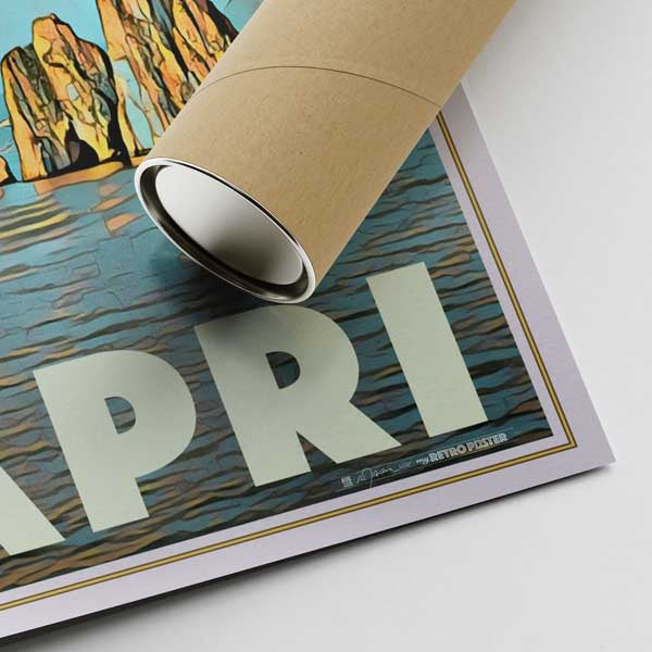 Bottom corner of the I Faraglioni Capri poster with Alecse’s signature, accompanied by a cardboard shipping tube