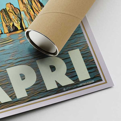 Bottom corner of the I Faraglioni Capri poster with Alecse’s signature, accompanied by a cardboard shipping tube