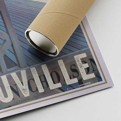 Lower right corner of the Deauville travel poster with Alecse’s signature and a shipping tube