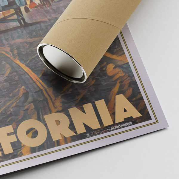 Lower right corner of Malibu Sunset 22 travel poster with Alecse's signature and shipping tube