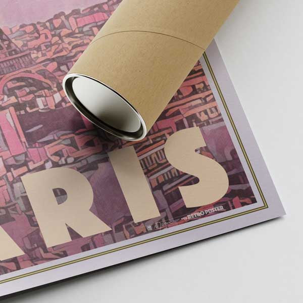 Paris Poster corner featuring Alecse’s signature and a protective shipping tube, ready for worldwide delivery