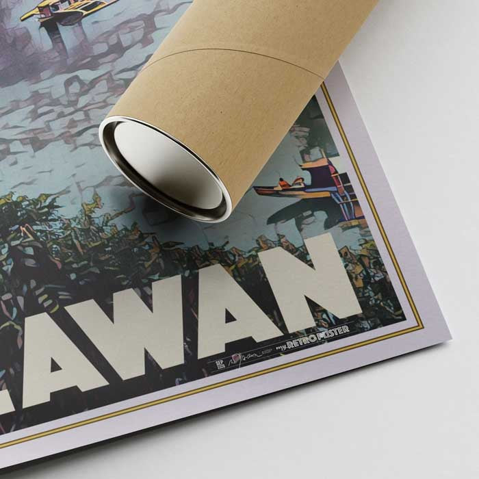 Bottom corner of the Palawan Philippines poster with Alecse’s signature, alongside a cardboard shipping tube for secure delivery