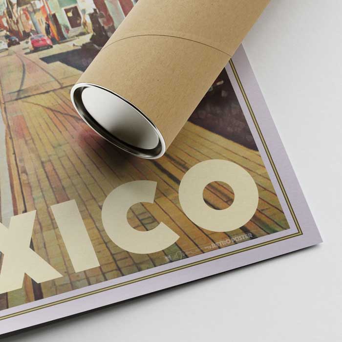 Puebla Mexico Poster' corner with artist Alecse's signature and a classic shipping tube packaging
