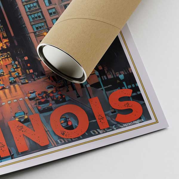 Alecse's signed 'Chicago Illinois Poster' with a distinctive shipping tube, ready for art aficionados and travelers
