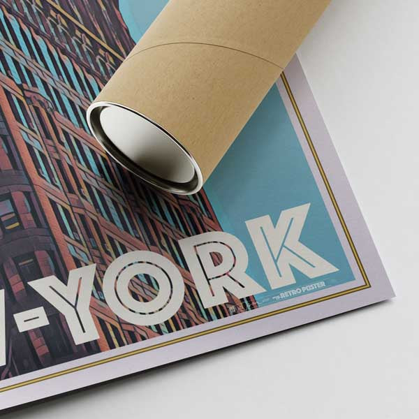 Lower right corner of New York Flatiron travel poster with Alecse's signature and shipping tube