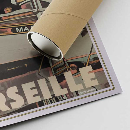 Signature corner of "Vieux Port, Marseille" poster by Alecse, with a high-quality shipping tube in view, ready for poster aficionados
