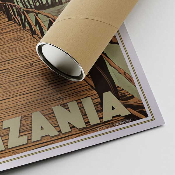A look at the signed corner of "The Pier" Zanzibar travel poster with a sturdy cardboard shipping tube, ready for poster enthusiasts to cherish