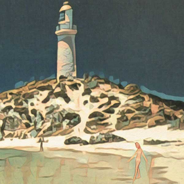 Gros plan de l'affiche de voyage d'Alecse sur l'île Rottnest, mettant en valeur les œuvres d'art vintage et le style flou