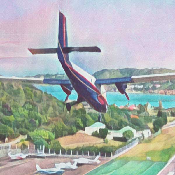 Details of the St Barth Landing poster by Alecse revealing the artist soft focus style