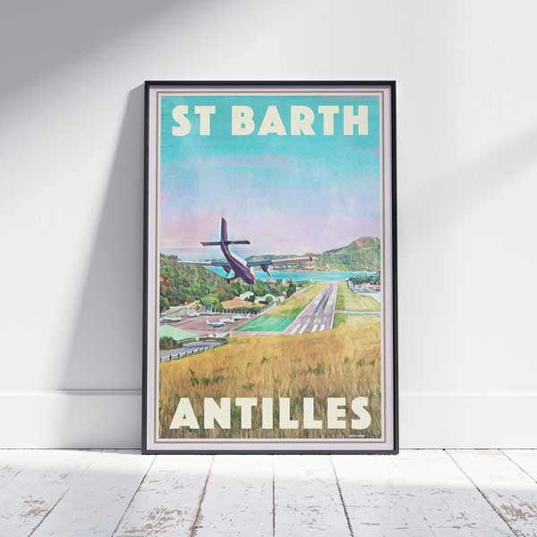Affiche St Barth encadrée par Alecse montrant un avion en approche finale de la piste de St Barth