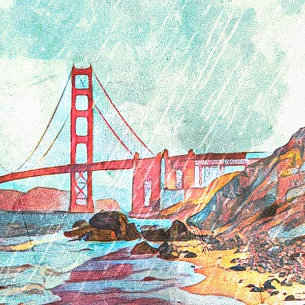 Close-up of Golden Gate Bridge Poster showcasing Alecse’s soft-focus and vintage halftone style.