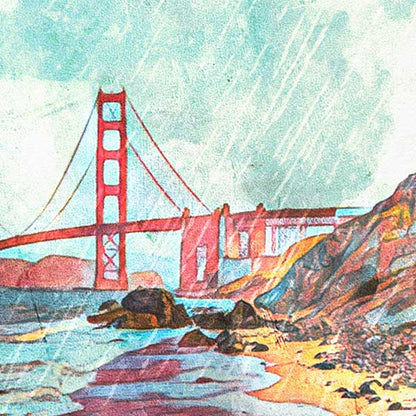 Close-up of Golden Gate Bridge Poster showcasing Alecse’s soft-focus and vintage halftone style.
