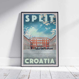 Split Square Croatia travel poster by Alecse featuring the original historic city-square artwork in a vintage-inspired graphic style under a cerulean sky.