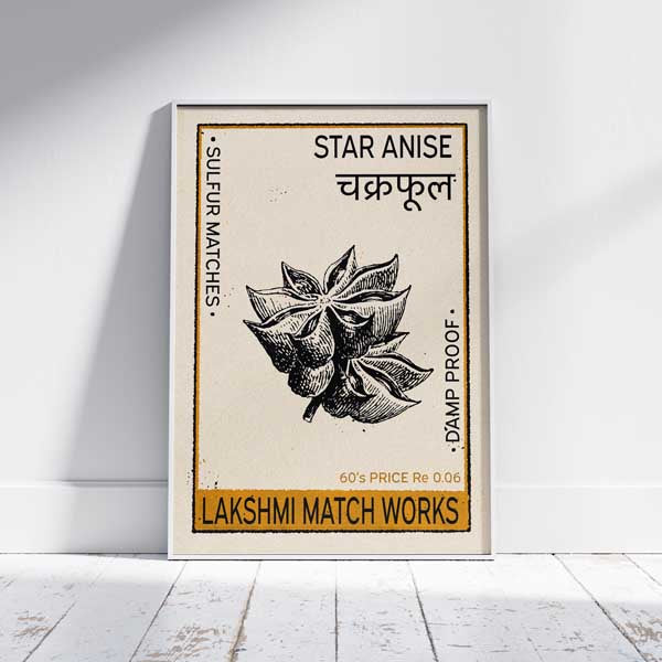 Artistic Star Anise poster inspired by retro Indian matchbox advertising, with a fine botanical illustration and vintage typography. A stunning piece of Indian kitchen art.