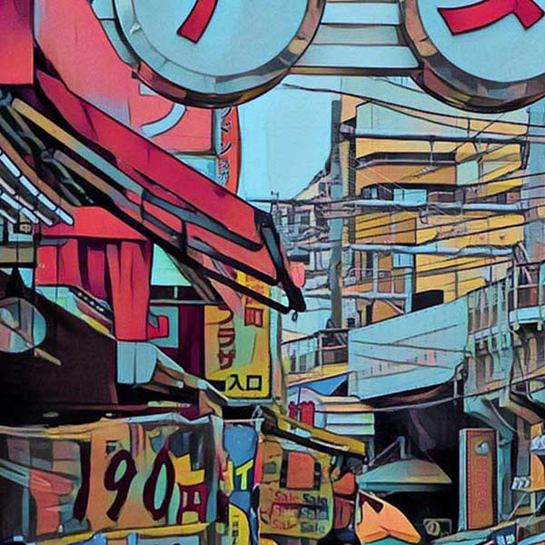 Close-up of Alecse's Tokyo Market Poster revealing intricate soft-focus style and vibrant Tokyo street scene