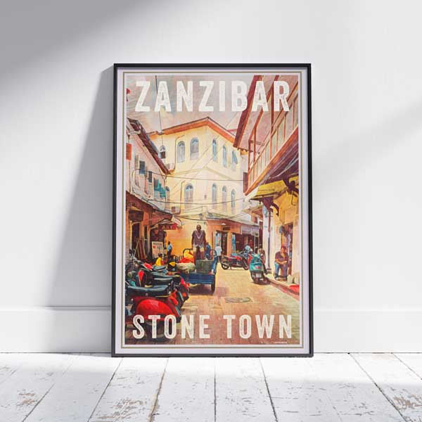 Framed Zanzibar Poster showing a street of Stone Town | Tanzania Print