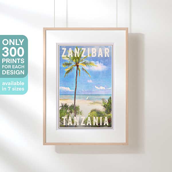 Hanging Zanzibar Beach travel poster with text highlighting 300 copies limited edition.